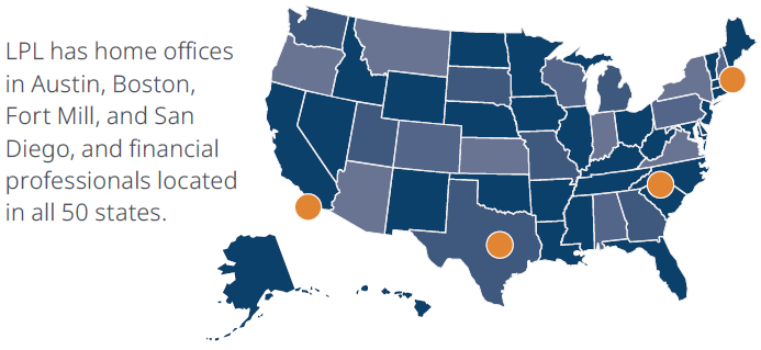 Map of the United States with dots representing Home Office locations and text that reads: LPL has Home Offices in Austin, Boston, Fort Mill, and San Diego, and financial professionals in all 50 states.